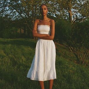 REFORMATION Laurine Floral Embroidered Strapless Seersucker Ruffle Midi Dress